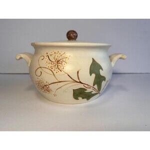 Handmade Hand Painted Ceramic Bean Pot Casserole with Dandelion Design - Signed